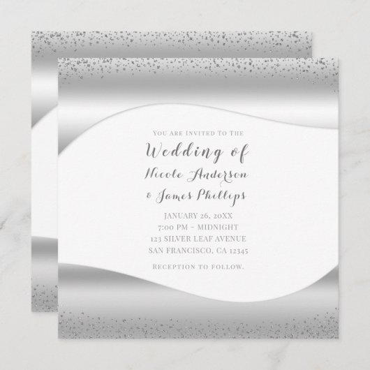 Invitation Mariage Glam de luxe Silver Wave Sparkle Parties s (Devant / Derrière)