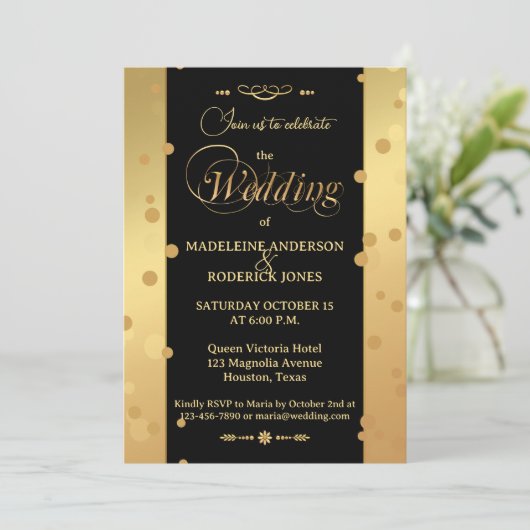 Invitation Mariage Glam Noir Or (Debout devant)