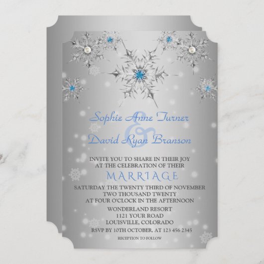 Invitation Mariage Glam Silver Snowflakes Crystal Blue Pearls (Devant / Derrière)