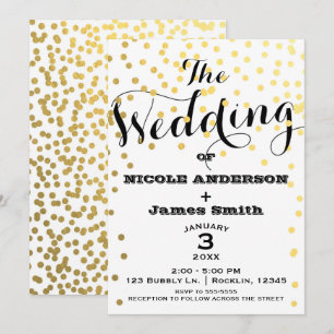 Invitation Mariage Glamour Blanc & Or Confettis Feuille de MÉ