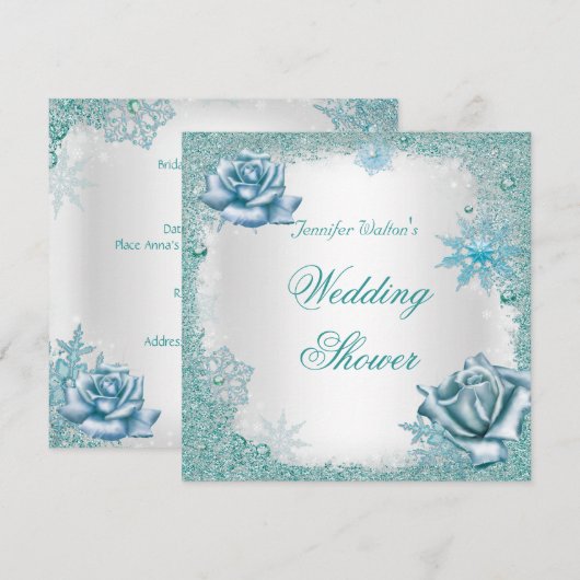 Invitation Mariage Glitter Turquoise Blanc Roses (Devant / Derrière)