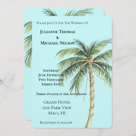 Invitation Mariage Gold Blue Tropical Palm Tree (Devant / Derrière)