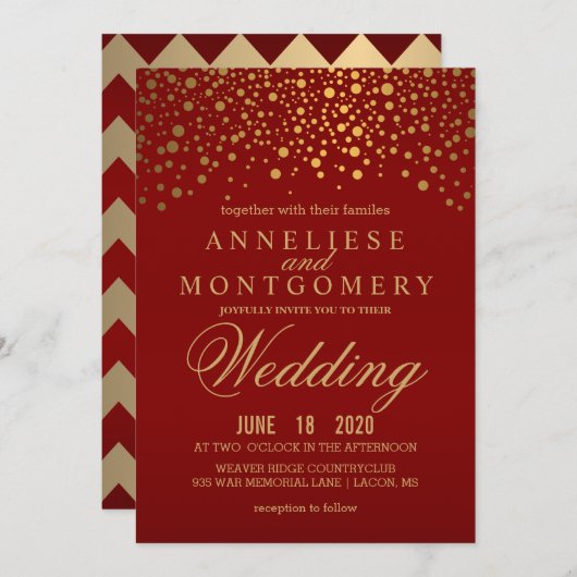 Invitation Mariage Gold Confetti Maroon (Devant / Derrière)