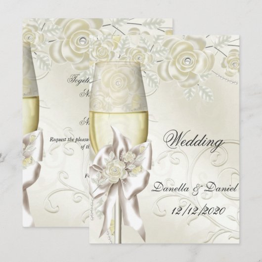 Invitation Mariage Gold Cream Pearl Floral Roses 2 (Devant / Derrière)
