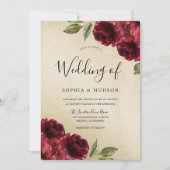 Invitation Mariage Gold Elegant Bourgogne Rouge Fleurs (Devant)