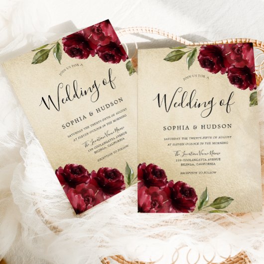 Invitation Mariage Gold Elegant Bourgogne Rouge Fleurs
