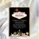 Invitation Mariage Gold et Black Skyline Las Vegas<br><div class="desc">Ce faire-part de mariage propose un thème classique de Las Vegas sur un arrière - plan noir. Une image de la bande de Vegas est imprimée sur la partie inférieure en motif or. Un cadre or assorti borde l'invitation. L'enseigne rétro classique "Bienvenue à Las Vegas" est imprimée en haut. Vous...</div>