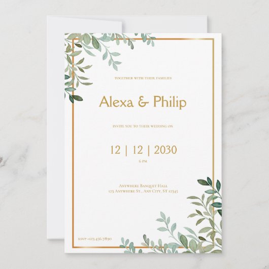 Invitation Mariage Gold et Green Foliing (Devant)