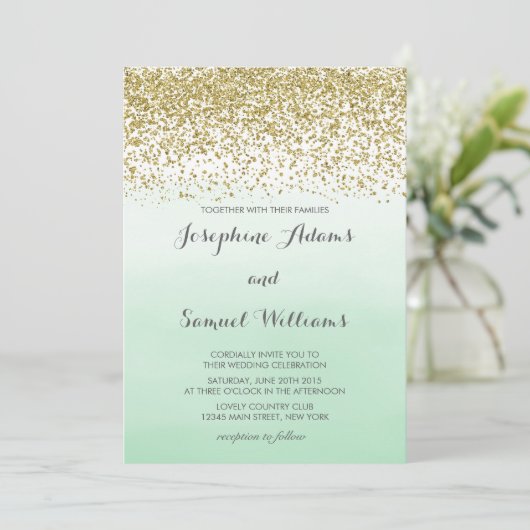 Invitation Mariage Gold et Mint Green (Debout devant)