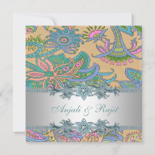 Invitation Mariage Gold et Turquoise Blue Paisley (Devant)
