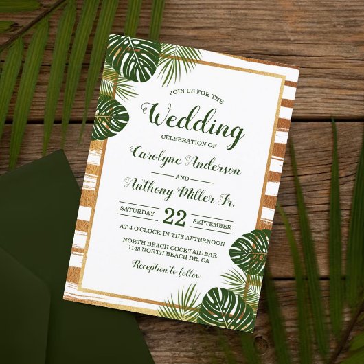 Invitation Mariage Gold Foil & Green Palm Leaf Beach