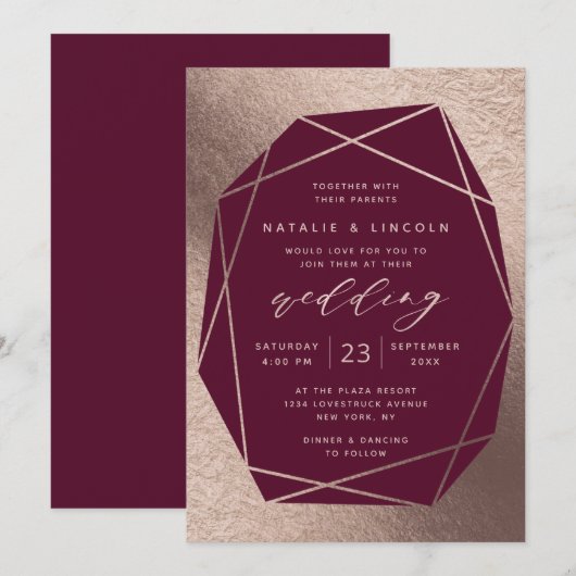 Invitation Mariage Gold Foil pour Rose de vin de Bourgogne Co (Devant / Derrière)