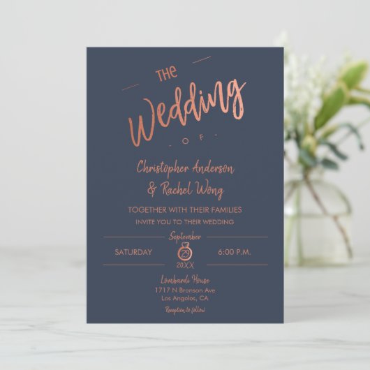 Invitation Mariage Gold Foil Rose de script simple Custom Nav (Debout devant)