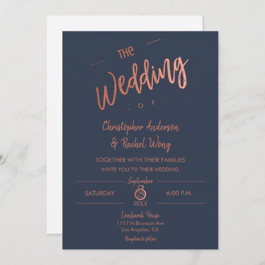 Invitation Mariage Gold Foil Rose de script simple Custom Nav (Devant / Derrière)