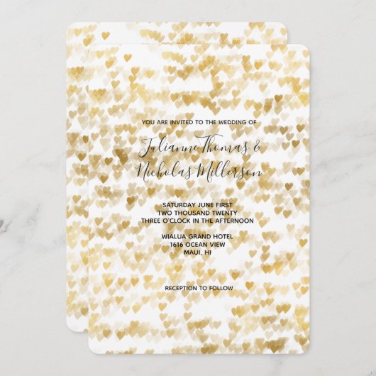 Invitation Mariage Gold Hearts (Devant / Derrière)