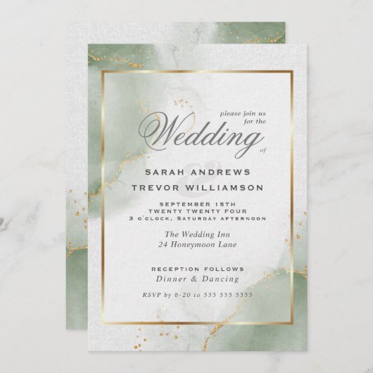 Invitation Mariage Gold Muted Sage Green (Devant / Derrière)