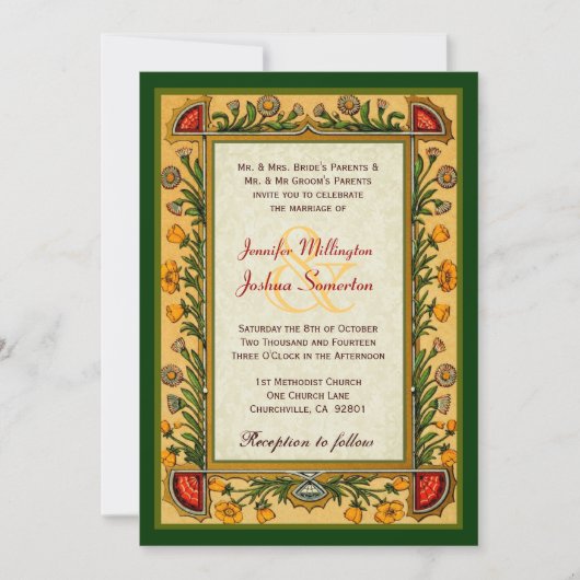Invitation Mariage Gold Red Green Flowers Vintage W751 (Devant)