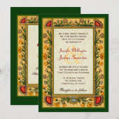Invitation Mariage Gold Red Green Flowers Vintage W751 (Devant / Derrière)
