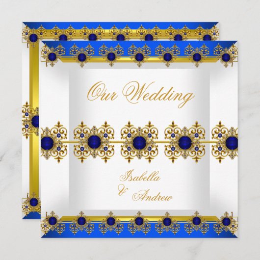 Invitation Mariage Gold Royal Blue Gem Blanc (Devant / Derrière)