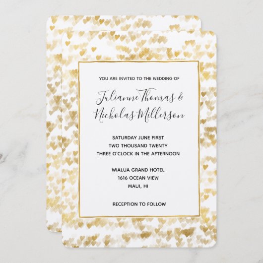 Invitation Mariage Gold White Hearts (Devant / Derrière)