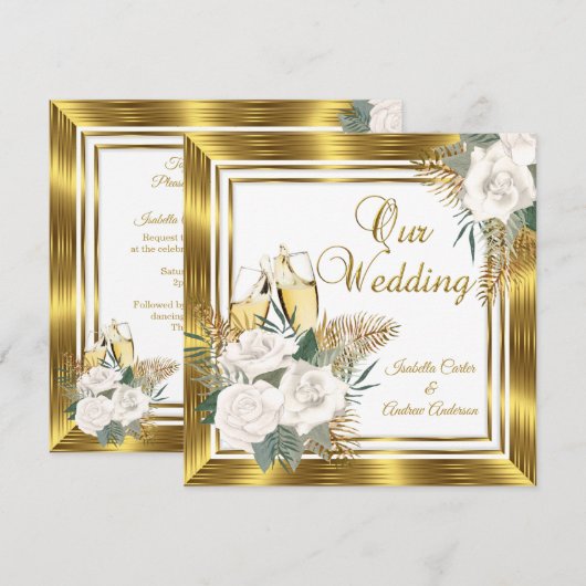 Invitation Mariage Golden White Rose Champagne Gold (Devant / Derrière)