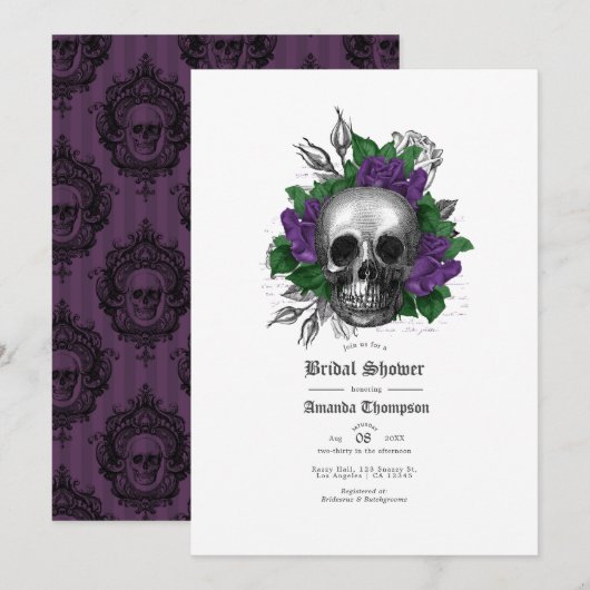 Invitation Mariage gothique à thème crâne floral violet (Devant / Derrière)