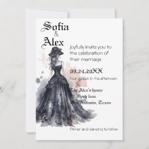Invitation Mariage gothique aquarelle florale noir 
