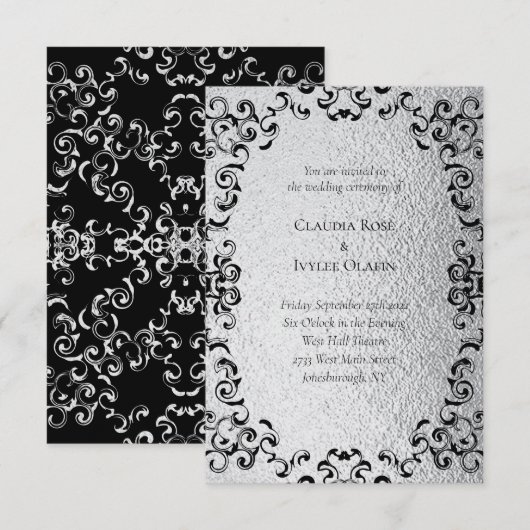 Invitation Mariage gothique argenté et noir (Devant / Derrière)