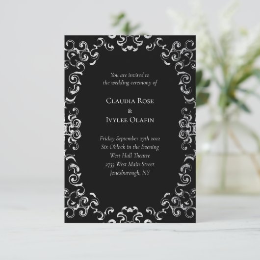 Invitation Mariage gothique argenté et noir (Debout devant)