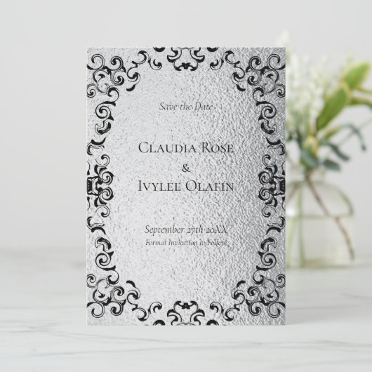 Invitation Mariage gothique argenté et noir (Debout devant)
