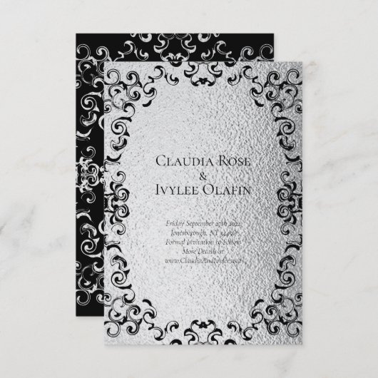 Invitation Mariage gothique argenté et noir (Devant / Derrière)
