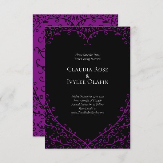 Invitation Mariage gothique au coeur mauve et noir Enregistre (Devant / Derrière)