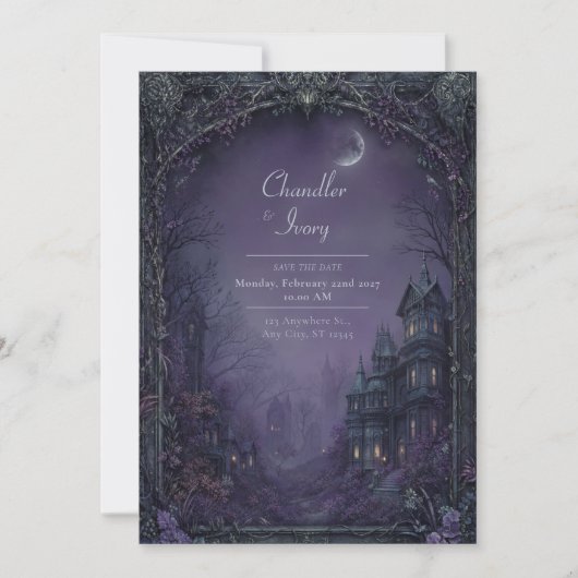 Invitation Mariage gothique au manoir sous la lune violette e (Devant)