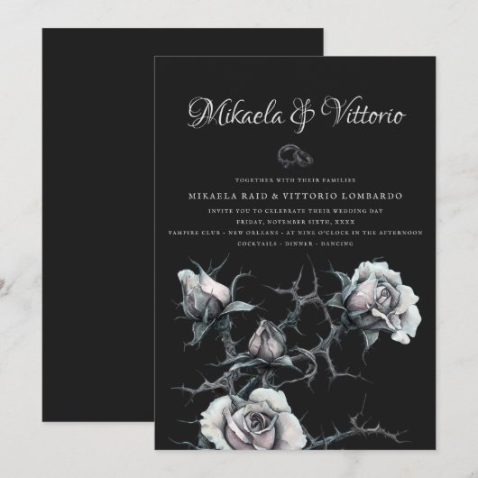 Invitation Mariage gothique aux roses blanches épineuses (Devant / Derrière)