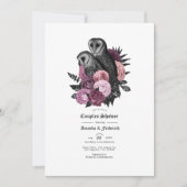 Invitation Mariage gothique avec chouettes et fleurs mauves v (Devant)