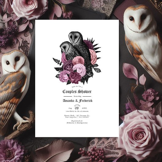 Invitation Mariage gothique avec chouettes et fleurs mauves v