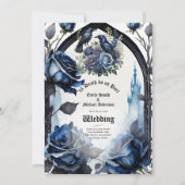 Invitation Mariage gothique Bleu noir Roses Ravens (Devant)