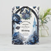 Invitation Mariage gothique Bleu noir Roses Ravens (Debout devant)