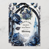 Invitation Mariage gothique Bleu noir Roses Ravens (Devant / Derrière)