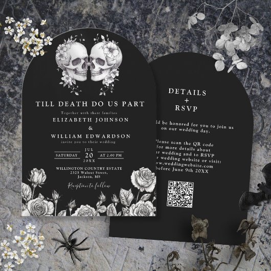 Invitation Mariage gothique crâne QR Code jusqu'à ce que la m