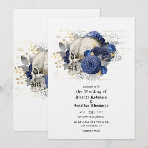 Invitation Mariage gothique de crâne floral bleu Halloween