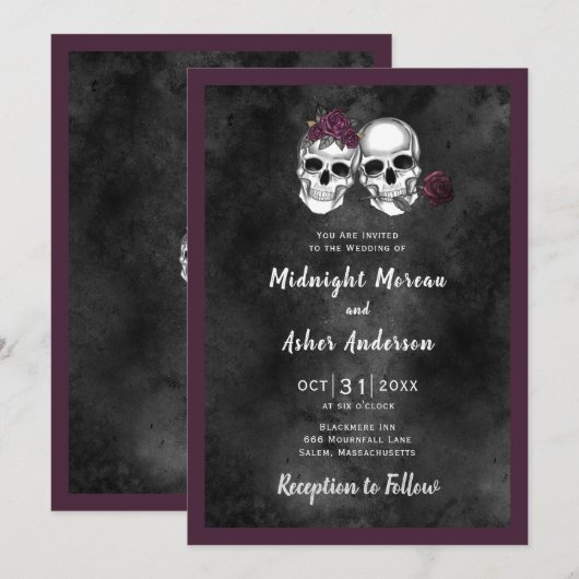 Invitation Mariage gothique de crânes de squelette et de rose (Devant / Derrière)