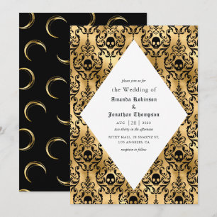 Invitation Mariage gothique de damas d'Halloween noir et or