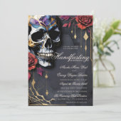 Invitation Mariage gothique de Halloween avec crâne et roses (Debout devant)