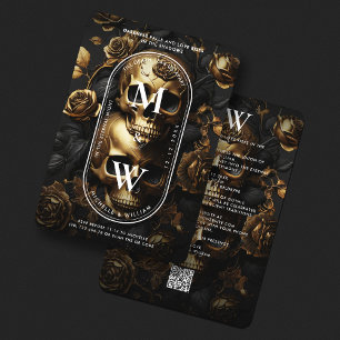 Invitation Mariage gothique de luxe Black Gold Rose crâne
