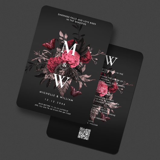 Invitation Mariage gothique de luxe Burgundy Rose papillon