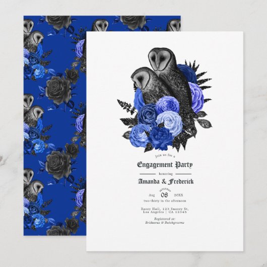 Invitation Mariage gothique de style rétro aux tons bleu roya (Devant / Derrière)