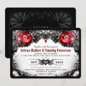Invitation Mariage gothique des roses rouges et des araignées (Devant / Derrière)
