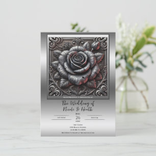 Invitation Mariage gothique élégant gris argent et rose noir