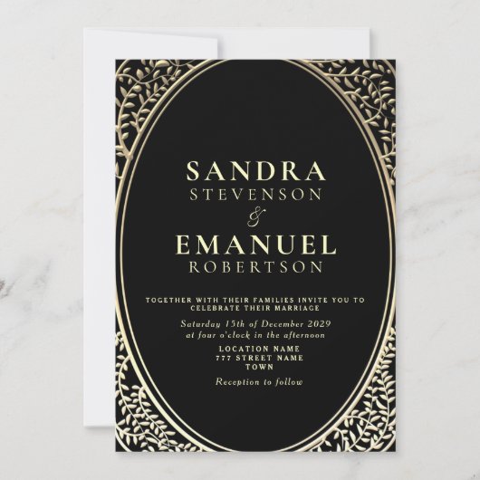 Invitation Mariage gothique élégant noir et or (Devant)